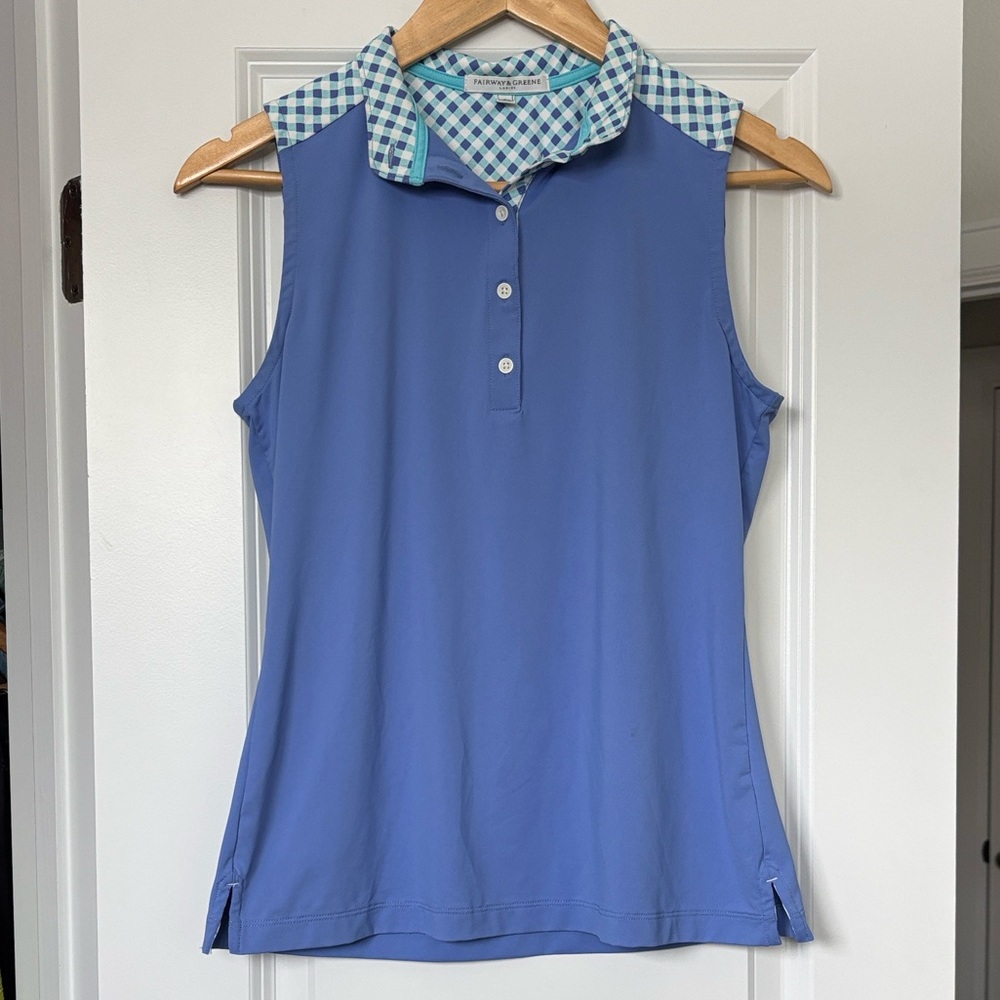 Blue Sleeveless Golf Blouse with Checkered Collar